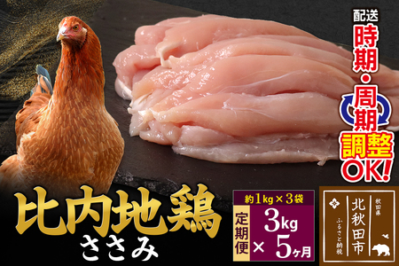 《定期便5ヶ月》 比内地鶏 ささみ 3kg（1kg×3袋）×5回 計15kg 時期選べる お届け周期調整可能 5か月 5ヵ月 5カ月 5ケ月 15キロ 国産 冷凍 鶏肉 鳥肉 とり肉 ササミ