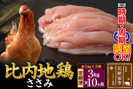 《定期便10ヶ月》 比内地鶏 ささみ 3kg（1kg×3袋）×10回 計30kg 時期選べる お届け周期調整可能 10か月 10ヵ月 10カ月 10ケ月 30キロ 国産 冷凍 鶏肉 鳥肉 とり肉 ササミ