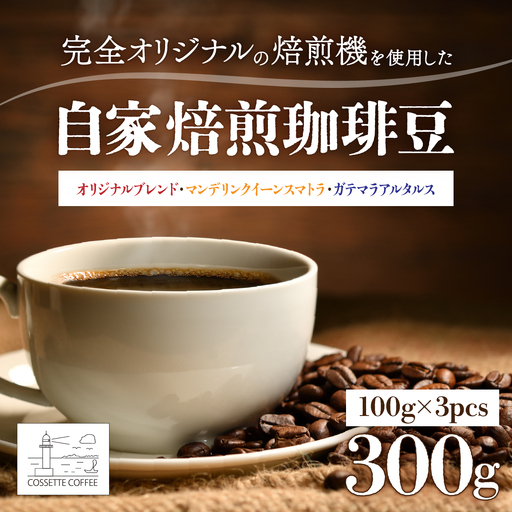 自家焙煎 コーヒー豆 オリジナルブレンド・マンデリン クイーンスマトラ・ガテマラ アグアブランカ 各100g×3個セット 300g