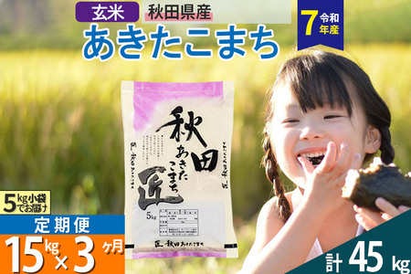 【玄米】＜令和7年産＞ 《定期便3ヶ月》秋田県産 あきたこまち 15kg (5kg×3袋)×3回 15キロ お米 匠 25,200円