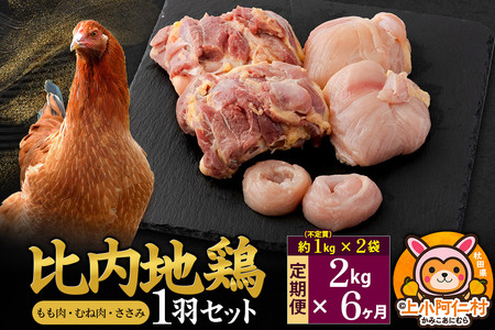 【定期便6ヶ月】比内地鶏 1羽セット(もも・むね・ささみ) 約2kg(不定貫約1kg×2袋) 2キロ 国産 冷凍 正肉 鶏肉 鳥肉