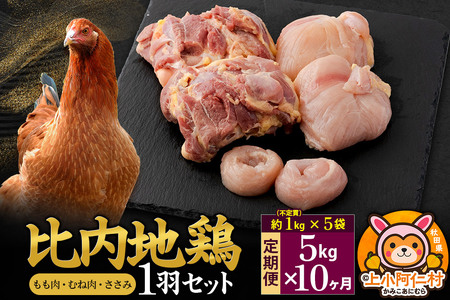 【定期便10ヶ月】比内地鶏 1羽セット(もも・むね・ささみ) 約5kg(不定貫約1kg×5袋) 5キロ 国産 冷凍 正肉 鶏肉 鳥肉