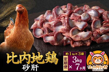 【定期便7ヶ月】比内地鶏 砂肝 3kg(1kg×3袋) 3kg 国産 冷凍 鶏肉 鳥肉 とり肉 すなぎも