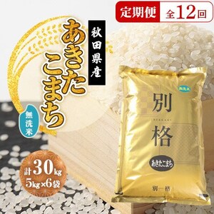 【毎月定期便】あきたこまち 無洗米 30kg(5kg×6袋)全12回【配送不可地域：離島・沖縄県】【4080836】