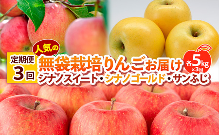 【定期便3回】 人気の無袋栽培りんごお届け 各5kg×3回(シナノスイート、シナノゴールド、サンふじ) 【令和8年産先行予約】FS25-776