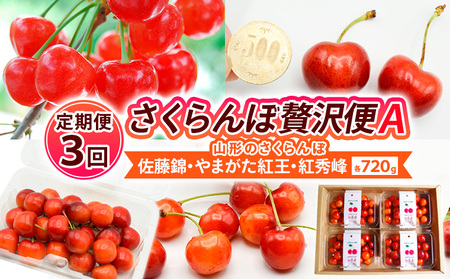 【定期便3回】【さくらんぼ贅沢便A】山形のさくらんぼ 佐藤錦・やまがた紅王・紅秀峰 各720g×3回 【令和8年産先行予約】FS25-002