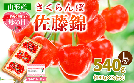 一足先にお届け！【母の日】さくらんぼ佐藤錦540gLサイズ以上(180g×3パック) 【令和8年産先行予約】FS25-014