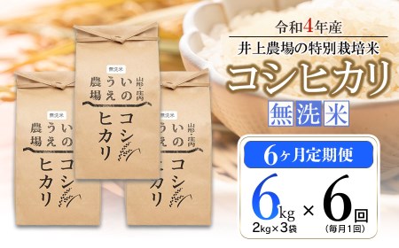 【定期便6ヶ月】【令和4年産】井上農場の特別栽培米コシヒカリ無洗米6㎏(2㎏×3袋)×6ヶ月