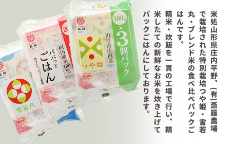 斎藤農場のパックごはん　つや姫・雪若丸・ブレンド食べ比べ　36食　無菌包装米飯