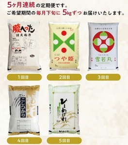 SI0052　【5回定期便】精米5銘柄食べ比べ 5kg×5回(計25kg)はえぬき・つや姫 ・雪若丸・コシヒカリ・ひとめぼれ YA 