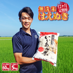 SI0023　【12回定期便】無洗米はえぬき　5kg×12回(計60kg)　農家直送『いいあん米』AG