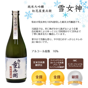 「 紅花屋重兵衛 純米大吟醸 雪女神 」と「 紅花屋重兵衛 大吟醸 」720ml×2本 受賞酒 飲み比べセット　026-E-FR012