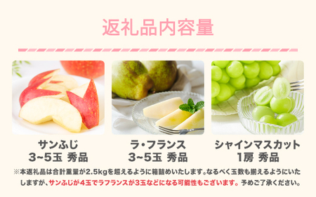 【先行予約】 山形秋果実満喫セット シャインマスカット サンふじ ラ・フランス 秀品 詰め合わせ 2.5kg 化粧箱入り 2025年産 令和7年産 ※沖縄・離島への配送不可 ns-fsrls2500
