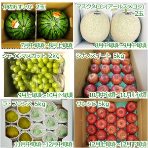 【2026年発送】【定期便6回】山形旬の果物6選（すいか/メロン/シャインマスカット/りんご2種/ラ・フランス）_H146(R8)