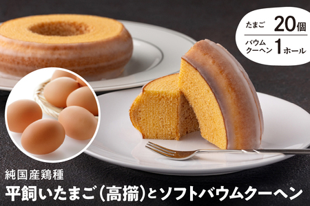 【山形県東根市産】 平飼いたまご 高擶 20個 （破損補償含む） と 平飼いたまごのソフトバウムクーヘン 萌芽（ほうが）1ホール 半澤鶏卵提供 山形 東根 hi071-002　バウムクーヘン ソフト ふんわり 栄養たっぷり30個 半澤 鶏卵 送料無料 山形 県 黄身 白身 弾力 濃厚 産みたて たまごかけ 卵かけ ごはん ご飯 TKG 親子丼 オムレツ 朝食 美味しい 栄養 たんぱく質 人気 ふるさと納税
