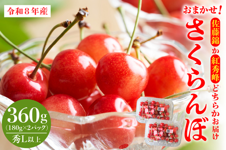 【令和8年産】おまかせさくらんぼ「佐藤錦or紅秀峰」秀L以上 360g (180gフードパック×2パック)【JAさがえ西村山】