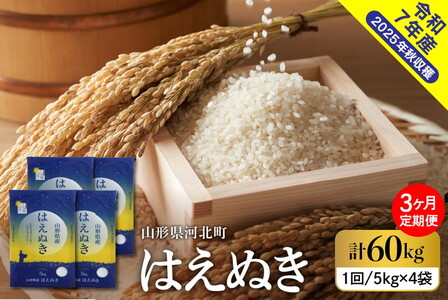 【令和7年産米】2026年3月下旬発送 はえぬき60kg(20kg×3ヶ月)毎月定期便 山形県産 【米comeかほく協同組合】 ka024-113d-r7-03053