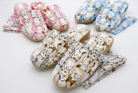 【Lサイズ・ピンク】かわいい猫柄のスリッパ♪にゃんセット（スリッパ1足、ティッシュカバー1枚セット）　（選べる サイズ S / M / L 選べる カラー 全 3 色 かわいい 猫 柄 室内 滑り止め 職人 手作り 【株式会社　後藤】）