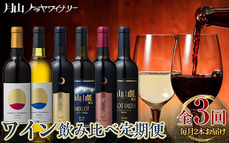 FYN9-960 【月山トラヤワイナリー】 毎月2本お届け ワイン飲み比べ定期便 3回 赤ワイン 白ワイン 山形県 西川町 酒