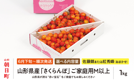 ＜ 先行予約 ＞ 山形県産 さくらんぼ （ 佐藤錦 ・ 紅秀峰 ） ご家庭用 M以上 1kg 【2026年6月下旬から7月上旬発送】 山形県 果物 フルーツ 初夏 夏 送料無料
