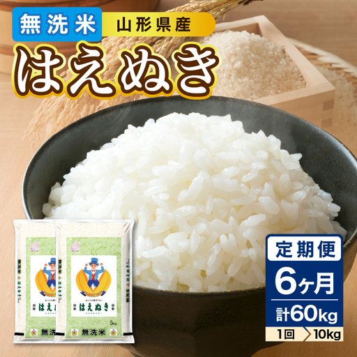 《6ヶ月定期便》山形県産 無洗米 令和7年産 はえぬき 10kg(5kg×2袋)×6ヶ月(計60kg)【山形県産 BG精米製法】 036-T13