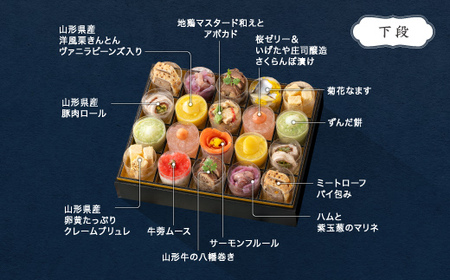 【12月31日配送】おせち 冷蔵 レストランヒロミチ 監修 フレンチおせち ＜フルール＞ あわび やまがた地鶏 洋風 27品 約2~3人前 重箱 お節 支援 【大石田町発足70周年記念】rh-ocftf