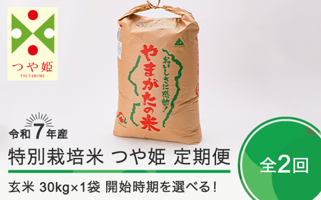 お米 米 令和7年産 【玄米2回定期便】 つや姫 30kg×2回 2026年3月・2026年6月発送 大石田町産 特別栽培米 玄米 ※沖縄・離島への配送不可 ja-tsgxa30x2-tkk3to6