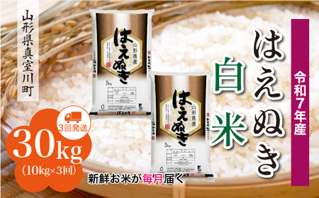 ＜令和7年産米＞ 令和8年5月下旬より発送 真室川町産 はえぬき【白米】30kg定期便 (10kg×3回)　◆RR7H3010M-H2605C
