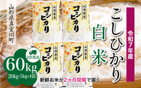＜令和7年産米＞ 令和8年4月下旬より発送 こしひかり【白米】60kg定期便(20kg×3回) 山形県真室川町　◆RR7K6020M-H2604C