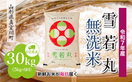 ＜令和7年産米＞ 令和8年4月中旬より発送 雪若丸【無洗米】30kg定期便 (5kg×6回) 山形県真室川町　◆RR7Y3005M-M2604B