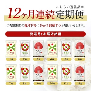 1349T03　【定期便】無洗米3銘柄定期便 5kg×12ヶ月連続 計60kg(3月～2月) つや姫 雪若丸 はえぬき