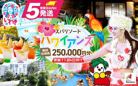 スパリゾートハワイアンズ　施設利用券250,000円分（5,000円分×50枚）プラン別利用券 家族で3泊4日向け | 利用チケット 入場券 宿泊代 ホテルハワイアンズ モノリスタワー ウイルポート フラダンス レジャー 観光 旅行 家族旅行 シルバーウィーク プール スパ 温水プール 福島県 いわき市 マウナヴィレッジ ゴルフコース | ZZ016