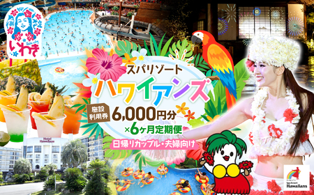 スパリゾートハワイアンズ　カップル定期便 6か月  施設利用券6,000円分（3,000円分×2枚×6か月）日帰りカップル・夫婦向け | 利用チケット 入場券 宿泊代 ホテルハワイアンズ モノリスタワー ウイルポート フラダンス レジャー 観光 旅行 家族旅行 シルバーウィーク プール スパ 温水プール 福島県 いわき市 マウナヴィレッジ ゴルフコース | ZZ019-t6