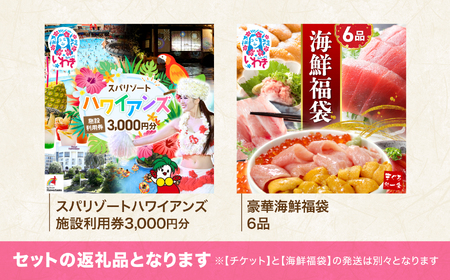 ハワイアンズ利用券3,000円分 海鮮6品福袋 本マグロ大トロ中トロ ウニ イクラ ネギトロ まぐろ 大トロ