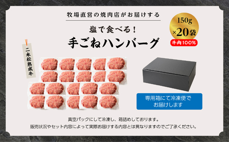 熟成牛 塩で食べる！手ごねハンバーグ 3kg（150g×20袋）ハンバーグ 国産 牛肉 【有限会社エム牧場】