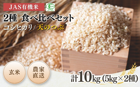 JAS有機米 コシヒカリ 天のつぶ 食べ比べセット 玄米 10kg (5kg×2種) 令和7年産  根本有機農園