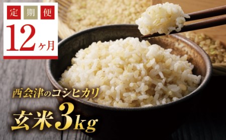 《定期便12ヶ月》西会津産米コシヒカリ 玄米 3kg F4D-0320