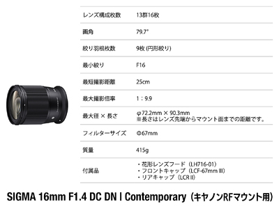 SIGMA 16mm F1.4 DC DN | Contemporary【キヤノンRFマウント】