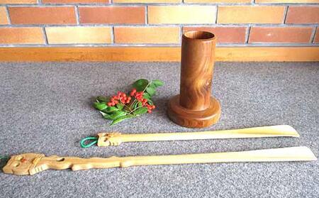 【ギフト用】木彫りふくろう ロング＆ショートくつべらスタンドセット_01407