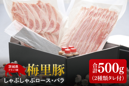 梅里豚（ばいりとん）しゃぶしゃぶロース250ｇ・バラ250ｇセット（２種類タレ付）【しゃぶしゃぶ 鍋 ブランド豚 豚ロース 豚バラ ゴマダレ ポン酢 昆布 利尻昆布 水戸市 茨城県 冷凍便】（JE-6）