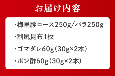 梅里豚（ばいりとん）しゃぶしゃぶロース250ｇ・バラ250ｇセット（２種類タレ付）【しゃぶしゃぶ 鍋 ブランド豚 豚ロース 豚バラ ゴマダレ ポン酢 昆布 利尻昆布 水戸市 茨城県 冷凍便】（JE-6）