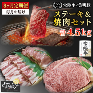 【3ヶ月定期便】【常陸牛 A5ランク・美明豚ステーキ焼肉セット】常陸牛サーロイン900ｇ（300ｇ×３枚）＋美明豚600ｇ（ロース300ｇ・ばら300ｇ）【冷凍 国産牛 和牛 牛肉 豚肉 ブランド豚 茨城県 水戸市 食べ比べ セット商品 国産 BBQ】（EK-36_1）