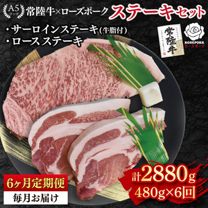 【6ヶ月定期便】【常陸牛 A5ランク・ローズポークステーキセット】常陸牛サーロインステーキ200g＋ローズポークロースステーキ280g（140g×２枚） 冷凍 国産牛 和牛 牛肉 豚肉　ブランド豚 茨城県 水戸市 食べ比べ セット商品 国産 老舗精肉店 ( EK-43_2)