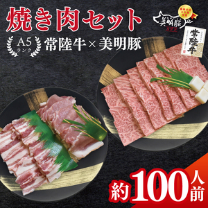 常陸牛A5ランク・美明豚焼肉セット　合計約100人前！｜焼肉 BBQ カルビ ロース バラ 国産牛 和牛 牛肉 豚肉 茨城県 水戸市  国産 老舗精肉店（EK-88）