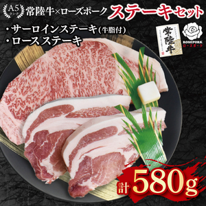 【常陸牛 A5ランク・ローズポークステーキセット】常陸牛サーロインステーキ300g＋ローズポークロースステーキ280g（140g×２枚） 冷凍 国産牛 和牛 牛肉 豚肉　ブランド豚 茨城県 水戸市 食べ比べ セット商品 国産 20000円以内 老舗精肉店 EK-44