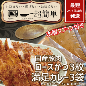 満足かつカレーセット3食分 オリジナルスプーン１本　【ロースかつ3枚 150g×3枚(計450g)満足カレー3パック】【cookfan とんかつレストラン クックファン おかず 総菜 カツ レンチン 水戸市 水戸 茨城県】（BK-109）