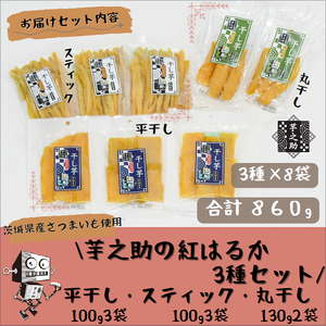 茨城県産さつまいも使用　芋之助の紅はるか3種セット（平干し100g×3袋、スティック100g×3袋、丸干し130g×2袋）【 さつまいも 茨城県 日立市 】