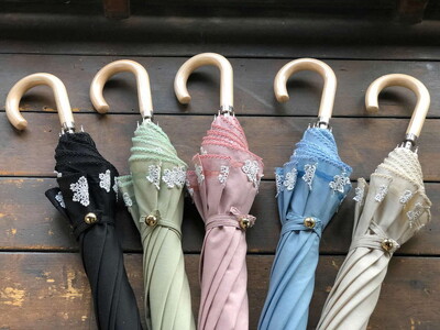 雪華模様の刺繍入り日傘（晴雨兼用・サイズ50ｃｍ・UV加工・麻50％綿50％）カラー：黒_BL19◇