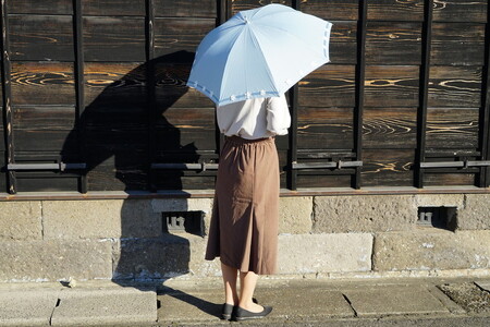 雪華模様の刺繍入り日傘（晴雨兼用・サイズ50ｃｍ・UV加工・麻50％綿50％）カラー：水色_BL22◇