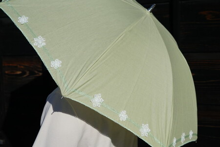 雪華模様の刺繍入り日傘（晴雨兼用・サイズ50ｃｍ・UV加工・麻50％綿50％）カラー：薄緑_BL23◇